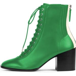 imageFSJ Women Square Toe Lace Up Ankle Bootie Block Chunky Heel Back Zipper Boots Fashion Chelsea Party Dress Short Booties Size 415 USGreen