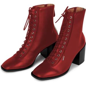 imageFSJ Women Square Toe Lace Up Ankle Bootie Block Chunky Heel Back Zipper Boots Fashion Chelsea Party Dress Short Booties Size 415 USRed