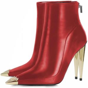 imageFSJ Women Trendy Rhinestone Cap Pointed Toe Ankle Boots Matal Cone High Heel Back Zipper Casual Daily Fashion Walking Shoes Size 415 USRed