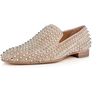 imageFSJ Mens ampamp Womens Trendy Spiked Rivets Studded Loafers Shoes Round Toe Low Heel Comfort Slip On Unisex Dress Smoking Slipper Size 714 USBeige