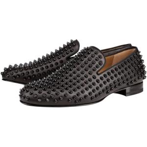 imageFSJ Mens ampamp Womens Trendy Spiked Rivets Studded Loafers Shoes Round Toe Low Heel Comfort Slip On Unisex Dress Smoking Slipper Size 714 USBlack