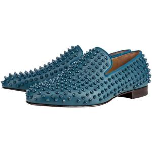 imageFSJ Mens ampamp Womens Trendy Spiked Rivets Studded Loafers Shoes Round Toe Low Heel Comfort Slip On Unisex Dress Smoking Slipper Size 714 USCadet Blue