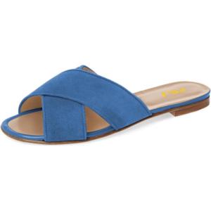 imageFSJ Women Casual Open Toe Sandals Low Heels Suede Mules Cross Strap Flats Shoes Size 415 USBlue