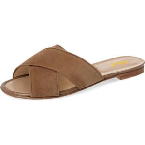 imageFSJ Women Casual Open Toe Sandals Low Heels Suede Mules Cross Strap Flats Shoes Size 415 USBrown