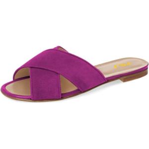 imageFSJ Women Casual Open Toe Sandals Low Heels Suede Mules Cross Strap Flats Shoes Size 415 USMagenta