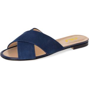 imageFSJ Women Casual Open Toe Sandals Low Heels Suede Mules Cross Strap Flats Shoes Size 415 USNavy
