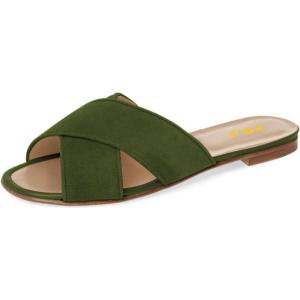 imageFSJ Women Casual Open Toe Sandals Low Heels Suede Mules Cross Strap Flats Shoes Size 415 USOlive