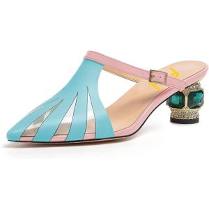 imageFSJ Women Comfort Closed Toe Slip On Mules Crystal Low Block Heel Slide Sandals Bridal Evening Party Dress Shoes Size 415 USBluepink