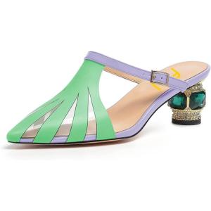 imageFSJ Women Comfort Closed Toe Slip On Mules Crystal Low Block Heel Slide Sandals Bridal Evening Party Dress Shoes Size 415 USGreen
