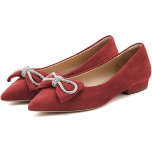 imageFSJ Women Fashion Sparkling Crystal Bowknot Chic Chain Comfortable Slip on Pointed Toe Low Heels Chunky Ballet Flats Dress Party Office Shoes Size 415 USRed