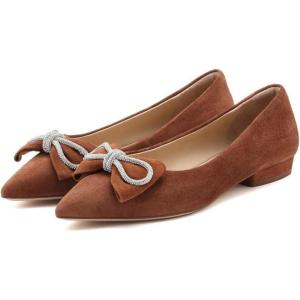 imageFSJ Women Fashion Sparkling Crystal Bowknot Chic Chain Comfortable Slip on Pointed Toe Low Heels Chunky Ballet Flats Dress Party Office Shoes Size 415 USChocolate