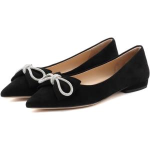 imageFSJ Women Fashion Sparkling Crystal Bowknot Chic Chain Comfortable Slip on Pointed Toe Low Heels Chunky Ballet Flats Dress Party Office Shoes Size 415 USBlack
