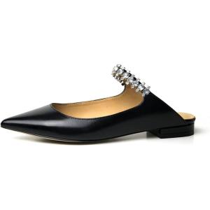 imageFSJ Women Leather Pointed Toe Flat Mules with Rhinestone Comfortable Slip on Low Heel Slide Sandal Shoes Size 412 USBlack