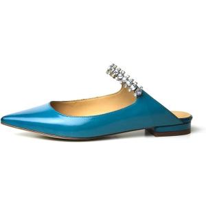 imageFSJ Women Leather Pointed Toe Flat Mules with Rhinestone Comfortable Slip on Low Heel Slide Sandal Shoes Size 412 USBlue