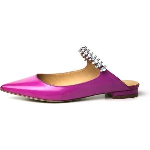 imageFSJ Women Leather Pointed Toe Flat Mules with Rhinestone Comfortable Slip on Low Heel Slide Sandal Shoes Size 412 USFushcia