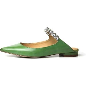 imageFSJ Women Leather Pointed Toe Flat Mules with Rhinestone Comfortable Slip on Low Heel Slide Sandal Shoes Size 412 USGreen