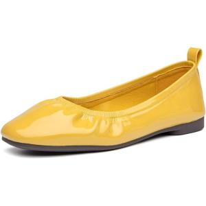 imageFSJ Women Comfy Slip on Ballet Flats Square Closed Toe Slide Pumps Patent Leather Elastic Dress Shoes Size 415 USYellow