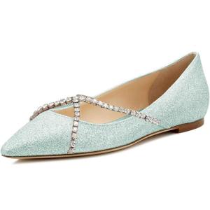 imageFSJ Women Trendy Pointed Toe Ballet Flats Crystal Crossover Straps Slip On Walking Shopping Girls Shoes Size 415 M USLight Green Glitter