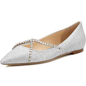 imageFSJ Women Trendy Pointed Toe Ballet Flats Crystal Crossover Straps Slip On Walking Shopping Girls Shoes Size 415 M USSilver Glitter