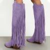 imageFSJ Women Mid Calf Fringe Boots Cowboy Pointed Toe Cowgirl Tassel Classic Western Thigh High Boot Wedge Chunky Stacked Heel Slip On Booties Size 415 USOrchid