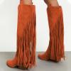 imageFSJ Women Mid Calf Fringe Boots Cowboy Pointed Toe Cowgirl Tassel Classic Western Thigh High Boot Wedge Chunky Stacked Heel Slip On Booties Size 415 USOrange