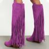 imageFSJ Women Mid Calf Fringe Boots Cowboy Pointed Toe Cowgirl Tassel Classic Western Thigh High Boot Wedge Chunky Stacked Heel Slip On Booties Size 415 USPurple