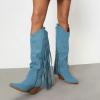 imageFSJ Women Mid Calf Fringe Boots Cowboy Pointed Toe Cowgirl Tassel Classic Western Thigh High Boot Wedge Chunky Stacked Heel Slip On Booties Size 415 USBlue