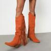 imageFSJ Women Mid Calf Fringe Boots Cowboy Pointed Toe Cowgirl Tassel Classic Western Thigh High Boot Wedge Chunky Stacked Heel Slip On Booties Size 415 USOrange