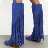 imageFSJ Women Mid Calf Fringe Boots Cowboy Pointed Toe Cowgirl Tassel Classic Western Thigh High Boot Wedge Chunky Stacked Heel Slip On Booties Size 415 USDark Blue