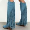 imageFSJ Women Mid Calf Fringe Boots Cowboy Pointed Toe Cowgirl Tassel Classic Western Thigh High Boot Wedge Chunky Stacked Heel Slip On Booties Size 415 USBlue