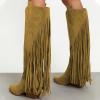 imageFSJ Women Mid Calf Fringe Boots Cowboy Pointed Toe Cowgirl Tassel Classic Western Thigh High Boot Wedge Chunky Stacked Heel Slip On Booties Size 415 USGoldenord