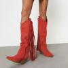 imageFSJ Women Mid Calf Fringe Boots Cowboy Pointed Toe Cowgirl Tassel Classic Western Thigh High Boot Wedge Chunky Stacked Heel Slip On Booties Size 415 USRed
