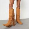 imageFSJ Women Mid Calf Fringe Boots Cowboy Pointed Toe Cowgirl Tassel Classic Western Thigh High Boot Wedge Chunky Stacked Heel Slip On Booties Size 415 USBrown