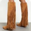 imageFSJ Women Mid Calf Fringe Boots Cowboy Pointed Toe Cowgirl Tassel Classic Western Thigh High Boot Wedge Chunky Stacked Heel Slip On Booties Size 415 USBrown