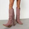 imageFSJ Women Mid Calf Fringe Boots Cowboy Pointed Toe Cowgirl Tassel Classic Western Thigh High Boot Wedge Chunky Stacked Heel Slip On Booties Size 415 USPink Mauve