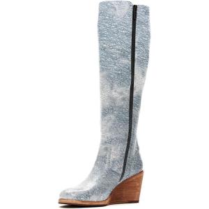 imageFSJ Women Comfortable Side Zipper Wedge High Heel Point Toe Fancy Pull On Ladies Fashion Winter Boot Size 415 USBlue Line
