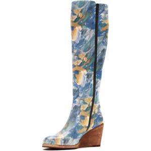 imageFSJ Women Comfortable Side Zipper Wedge High Heel Point Toe Fancy Pull On Ladies Fashion Winter Boot Size 415 USBlue Print