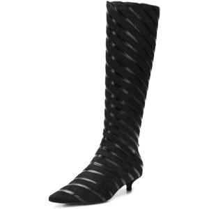 imageFSJ Women Fashion Pointed Toe Low Kitten Heel Knee High Boots Faux Fur Thread Comfort Winter Party Shoe with Side Zipper Size 415 USBlack