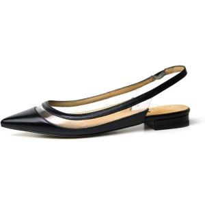 imageFSJ Women Leather Pointed Toe Low Heel Pumps Comfortable Slip on Slingback Flats Office Dress Shoes Size 412 USBlack