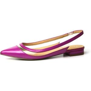 imageFSJ Women Leather Pointed Toe Low Heel Pumps Comfortable Slip on Slingback Flats Office Dress Shoes Size 412 USFushcia