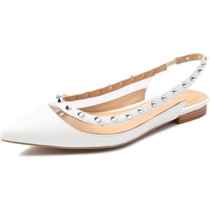 imageFSJ Women Leather Pointed Toe Low Heel Pumps Comfortable Slip on Slingback Flats Office Dress Shoes Size 412 USWhite