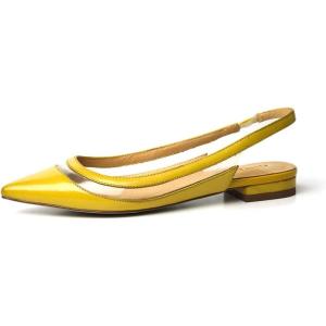 imageFSJ Women Leather Pointed Toe Low Heel Pumps Comfortable Slip on Slingback Flats Office Dress Shoes Size 412 USYellow