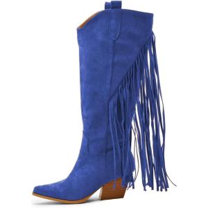 imageFSJ Women Mid Calf Fringe Boots Cowboy Pointed Toe Cowgirl Tassel Classic Western Thigh High Boot Wedge Chunky Stacked Heel Slip On Booties Size 415 USDark Blue