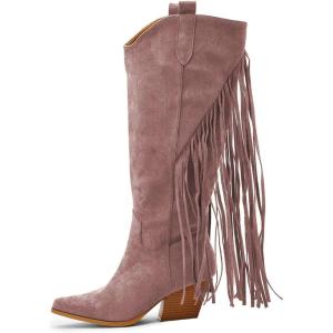 imageFSJ Women Mid Calf Fringe Boots Cowboy Pointed Toe Cowgirl Tassel Classic Western Thigh High Boot Wedge Chunky Stacked Heel Slip On Booties Size 415 USPink Mauve