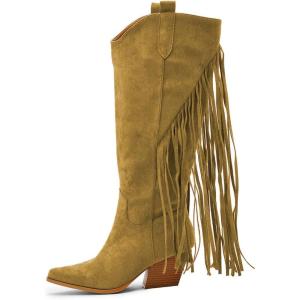 imageFSJ Women Mid Calf Fringe Boots Cowboy Pointed Toe Cowgirl Tassel Classic Western Thigh High Boot Wedge Chunky Stacked Heel Slip On Booties Size 415 USGoldenord