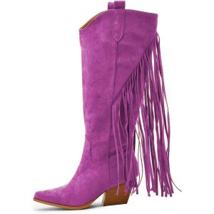 imageFSJ Women Mid Calf Fringe Boots Cowboy Pointed Toe Cowgirl Tassel Classic Western Thigh High Boot Wedge Chunky Stacked Heel Slip On Booties Size 415 USPurple
