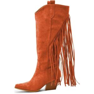 imageFSJ Women Mid Calf Fringe Boots Cowboy Pointed Toe Cowgirl Tassel Classic Western Thigh High Boot Wedge Chunky Stacked Heel Slip On Booties Size 415 USOrange