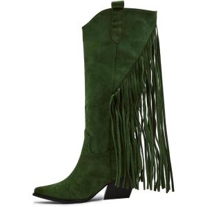 imageFSJ Women Mid Calf Fringe Boots Cowboy Pointed Toe Cowgirl Tassel Classic Western Thigh High Boot Wedge Chunky Stacked Heel Slip On Booties Size 415 USGreen