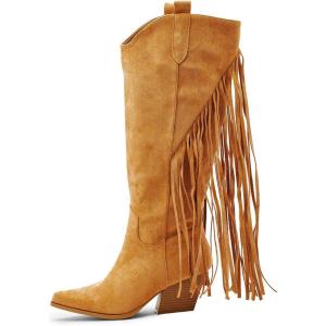 imageFSJ Women Mid Calf Fringe Boots Cowboy Pointed Toe Cowgirl Tassel Classic Western Thigh High Boot Wedge Chunky Stacked Heel Slip On Booties Size 415 USBrown