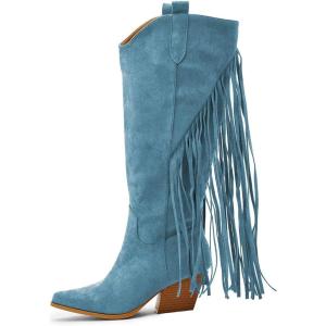 imageFSJ Women Mid Calf Fringe Boots Cowboy Pointed Toe Cowgirl Tassel Classic Western Thigh High Boot Wedge Chunky Stacked Heel Slip On Booties Size 415 USBlue